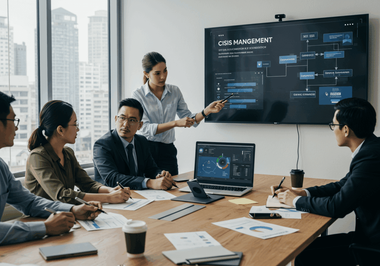 A diverse team in an office setting conducts a crisis management meeting to address service disruptions, with a laptop showcasing crisis management software and a digital screen displaying emergency protocols.