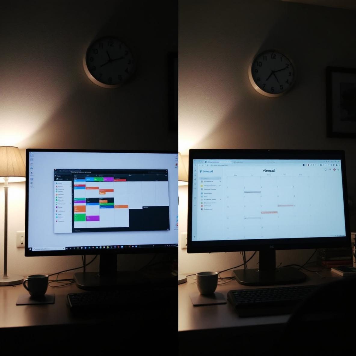 A side-by-side comparison of two desktop screens: one showing Cron's modern calendar design with vibrant time blocks, and the other displaying Vimcal's clean, minimalist calendar interface. The background features a cozy home office setting with soft lighting and a wall clock, emphasizing the theme of speed in calendar management.