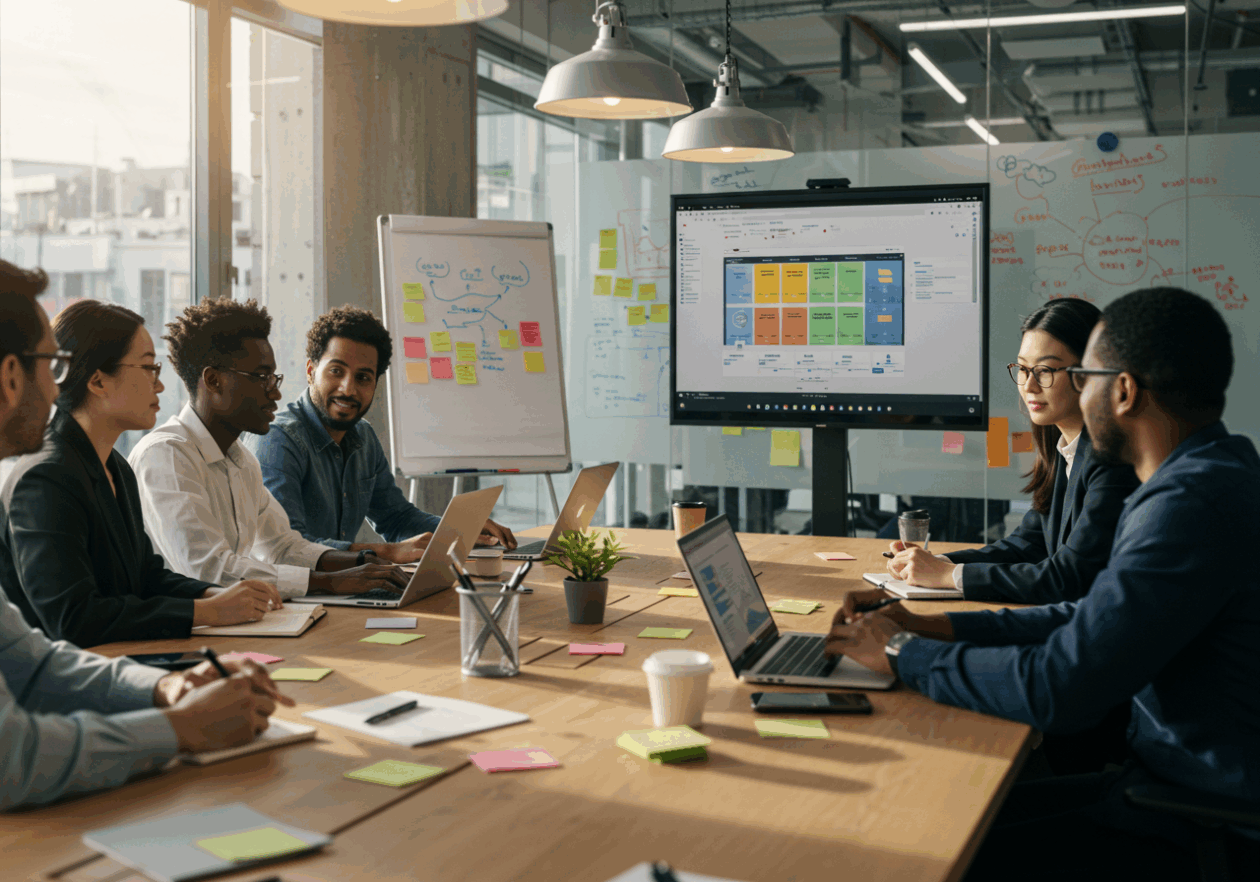 A diverse team of professionals participating in a discussion at a conference table in a bright, modern office. A large screen shows a project management tool interface, while a whiteboard in the background features notes and diagrams related to team communication, capturing the collaborative spirit of the meeting.