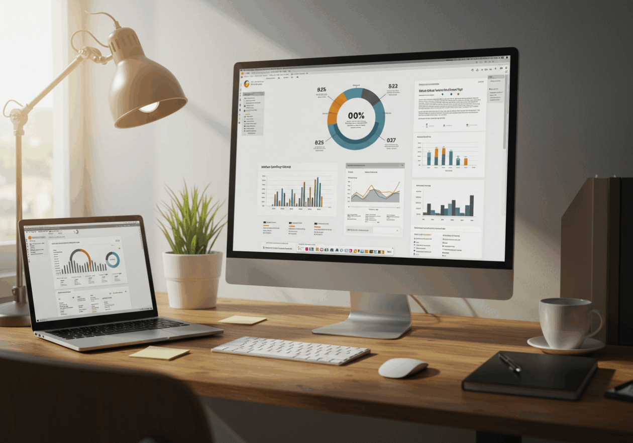 A minimalist workspace with a wooden desk where a large monitor displays a simple and clean infographic design. A laptop and notepad are visible, alongside a plant. The room is brightly lit with natural light coming from a large window.