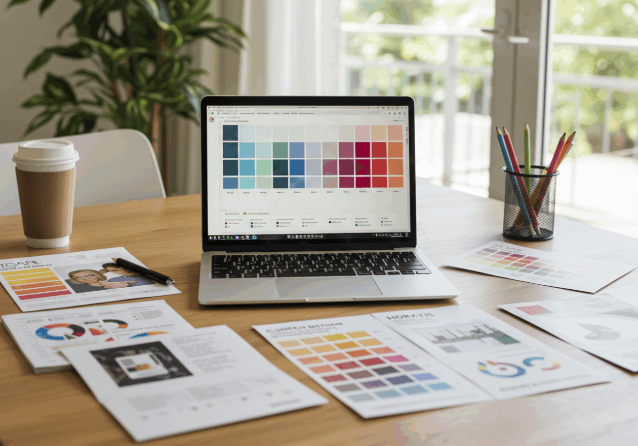 A workspace with a laptop showing a color palette for marketing images, alongside printed brochures and flyers. The setting is bright, featuring plants and a sunny view outside, reflecting a creative marketing environment focused on color consistency.