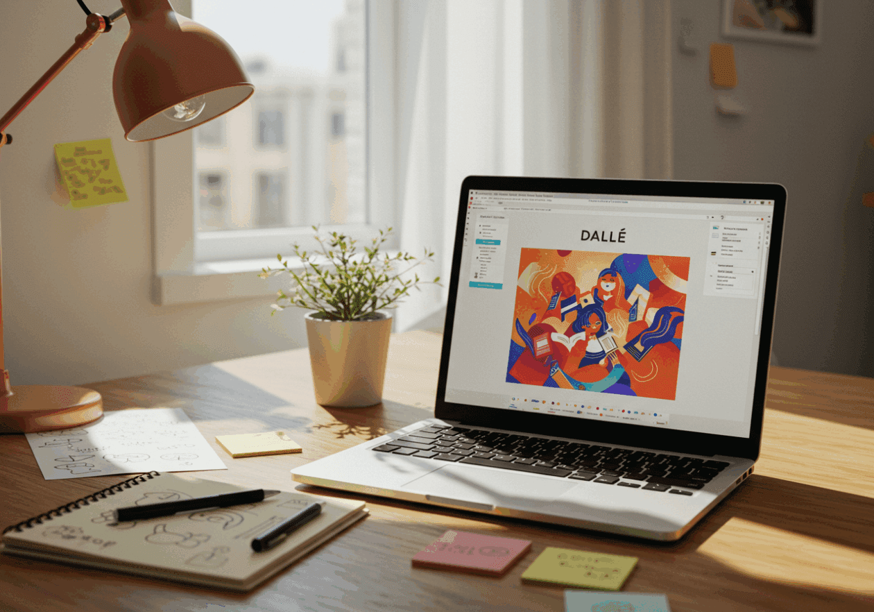A modern workspace with a laptop displaying the DALL·E interface and a colorful illustration generated from prompts. The desk includes a notepad with sketches and sunlight streaming through a window, creating an inviting atmosphere for blog post illustration work.