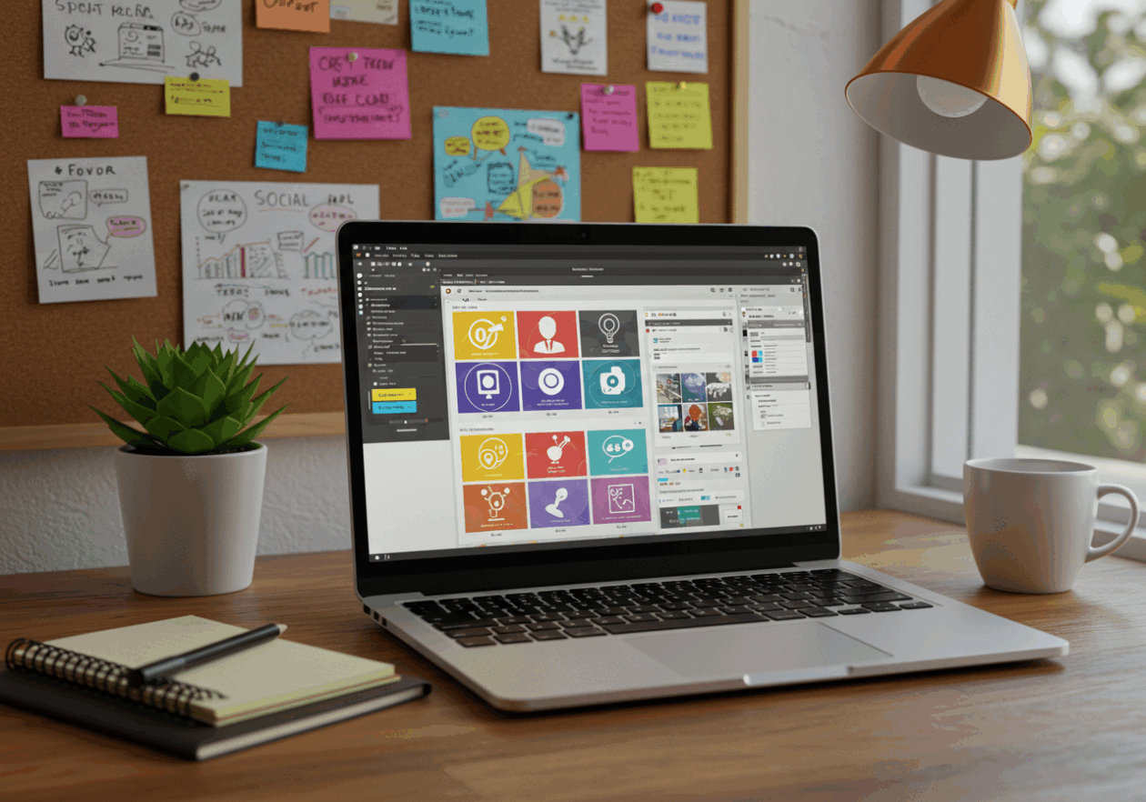 A bright and inviting workspace with a laptop showcasing a social media post design in Canva, accompanied by a notepad, coffee cup, and a potted plant, all illuminated by natural light with a bulletin board in the background filled with sketches and notes.