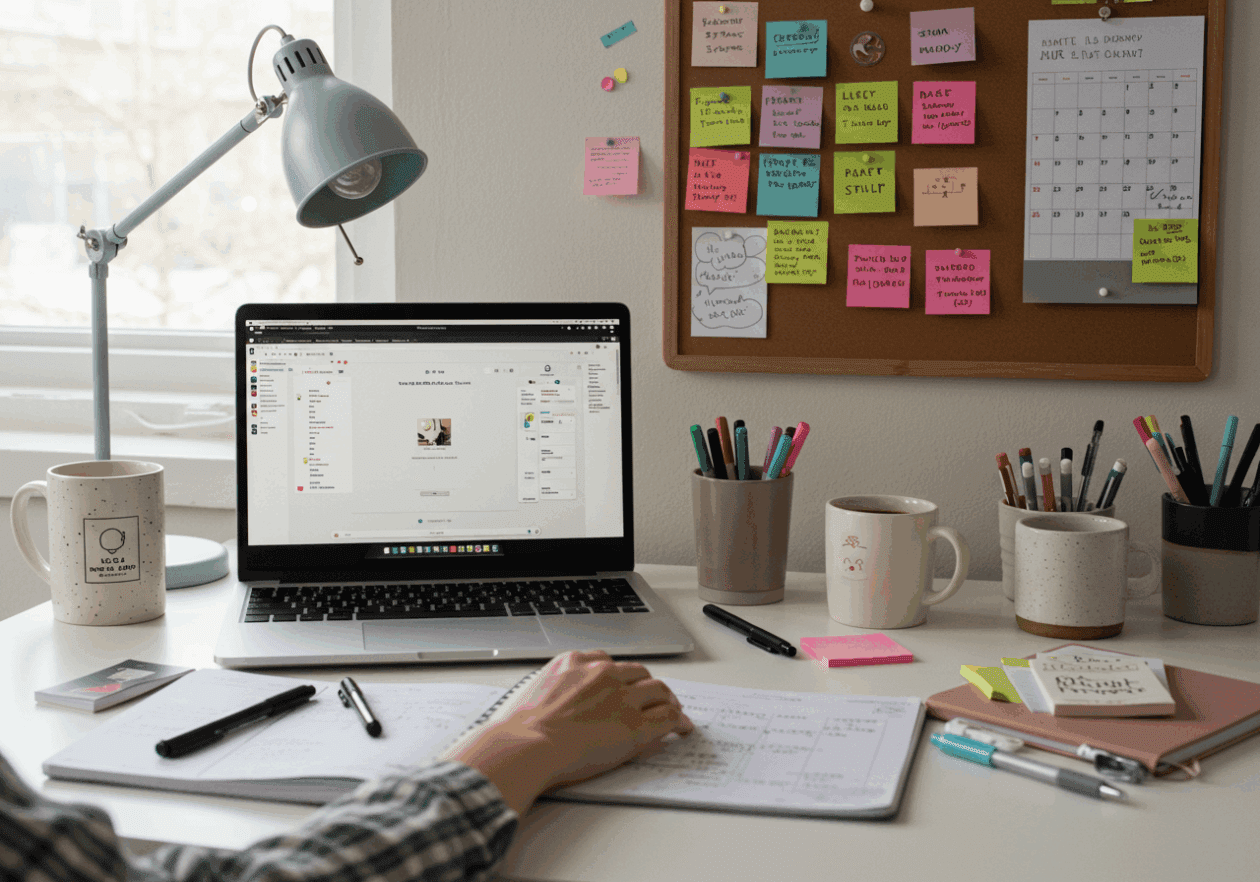 A person actively planning their day at a tidy desk, with a laptop open to a digital planning tool, surrounded by a notebook, pens, and a coffee mug. The workspace is well-lit with natural light, creating a cheerful atmosphere for productivity.