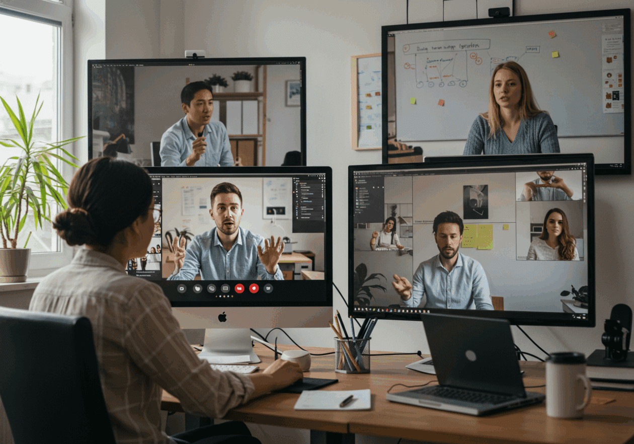 A virtual daily standup meeting with four remote workers displayed on screens. Each individual is in their home office setting. One person is speaking animatedly, while others are listening. A digital whiteboard with project updates is visible, promoting collaboration among the participants.