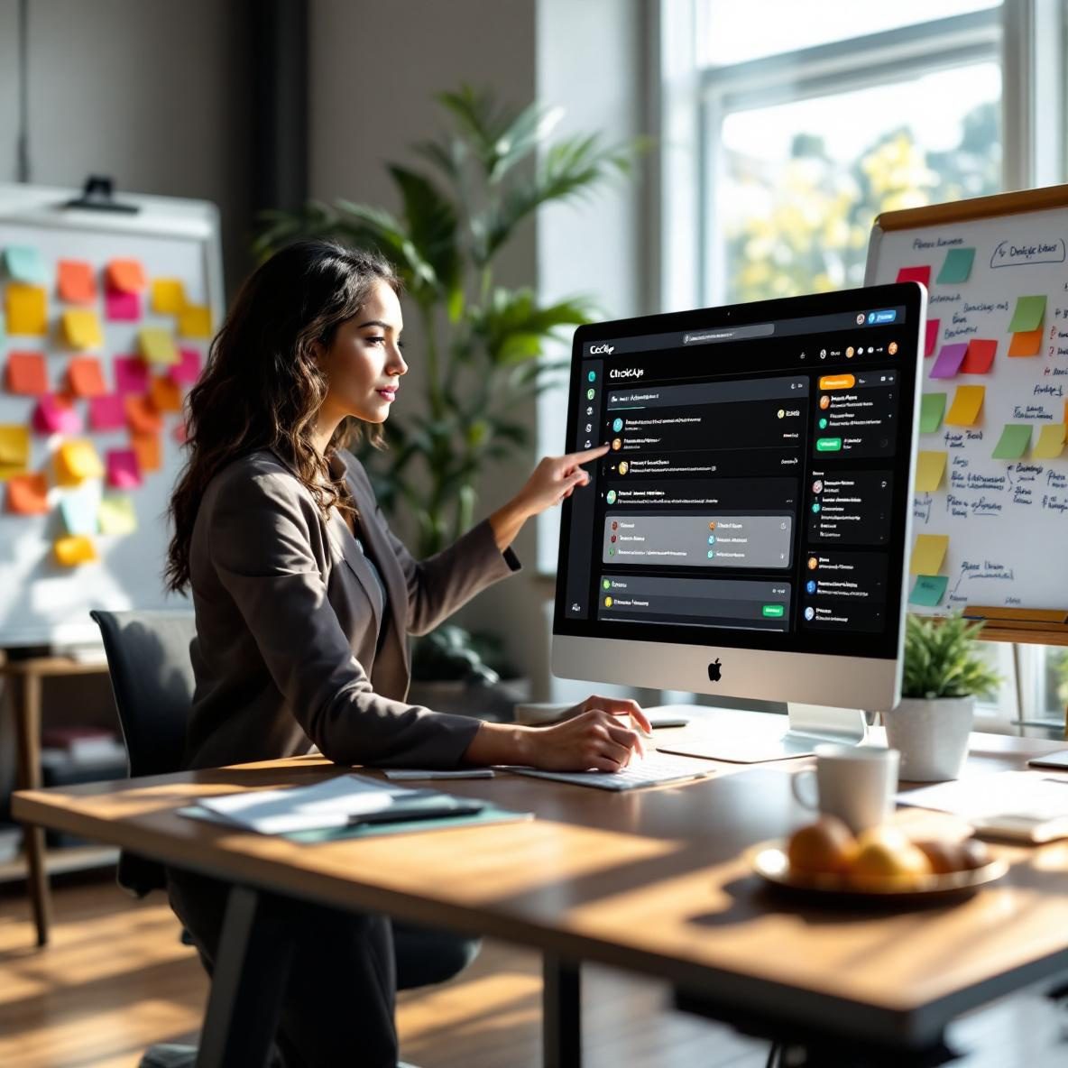 A woman in a business environment using a computer showing the ClickUp dashboard, where tasks are being delegated and tracked, while a whiteboard filled with sticky notes emphasizes project management.