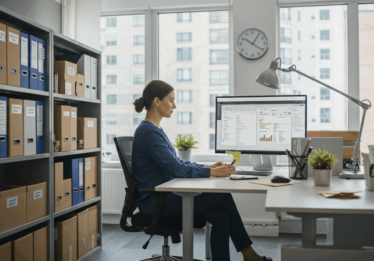 An office worker organizes compliance records in a bright, modern office, with shelves of labeled boxes in the background and a computer displaying document management software on the desk.