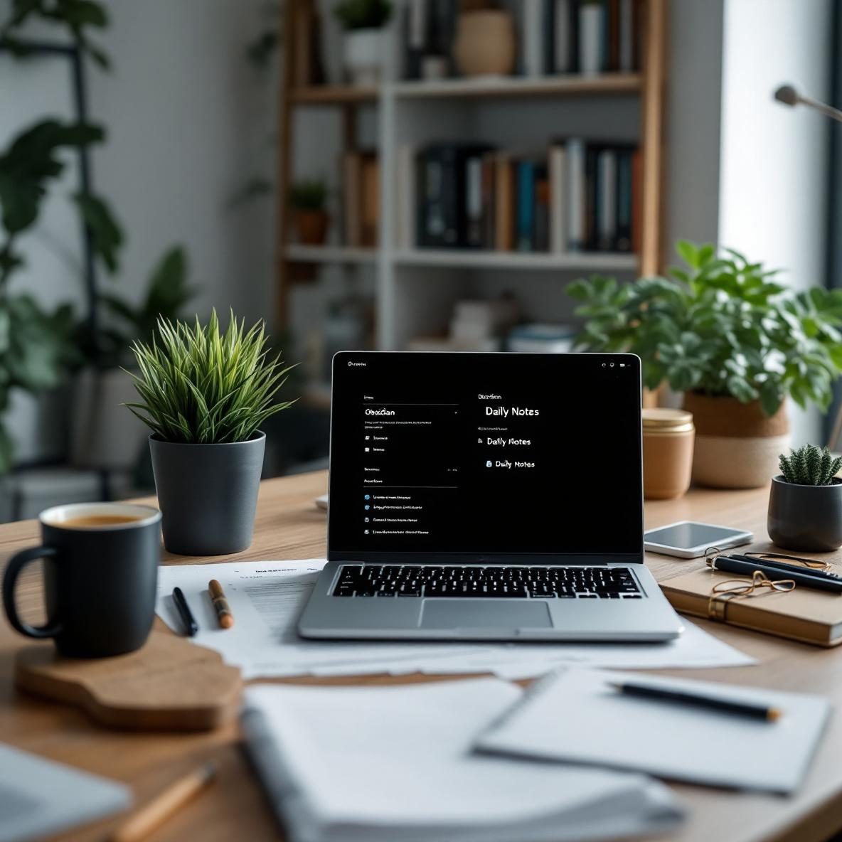 A modern home office desk with a laptop open to the Obsidian app showing Daily Notes links. The scene includes scattered papers, a cup of coffee, and a potted plant, creating a vibrant and productive workspace atmosphere.