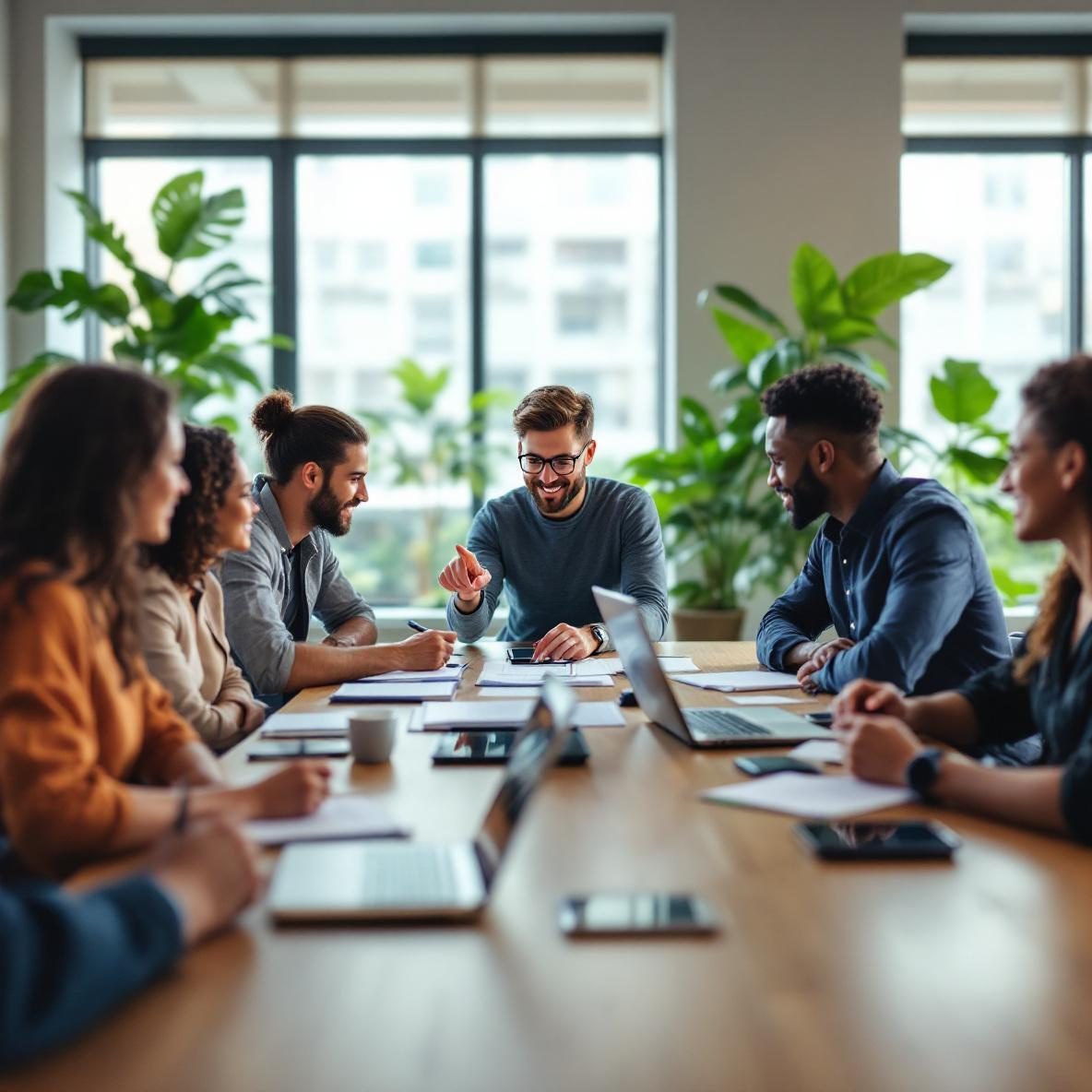 A content creation team gathered around a table in a bright office, collaborating on documents in Notion, with laptops and tablets visible, while showcasing a content calendar on a shared screen.