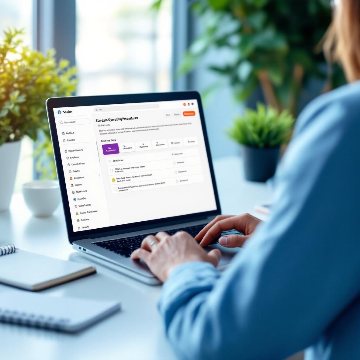 A person working at a modern desk, viewing the Notion app on their laptop, which shows a document titled 'Standard Operating Procedures' with organized bullet points and checklists. The workspace features a notepad, coffee cup, and plant, illuminated by natural light.