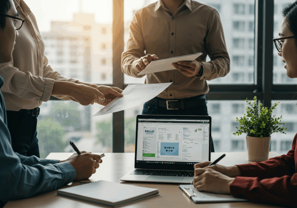 A diverse team in an office discussing knowledge transfer as an employee hands over documents to a colleague. The scene features a laptop open with Trello on the screen, capturing an engaging moment of collaboration in a well-lit office.