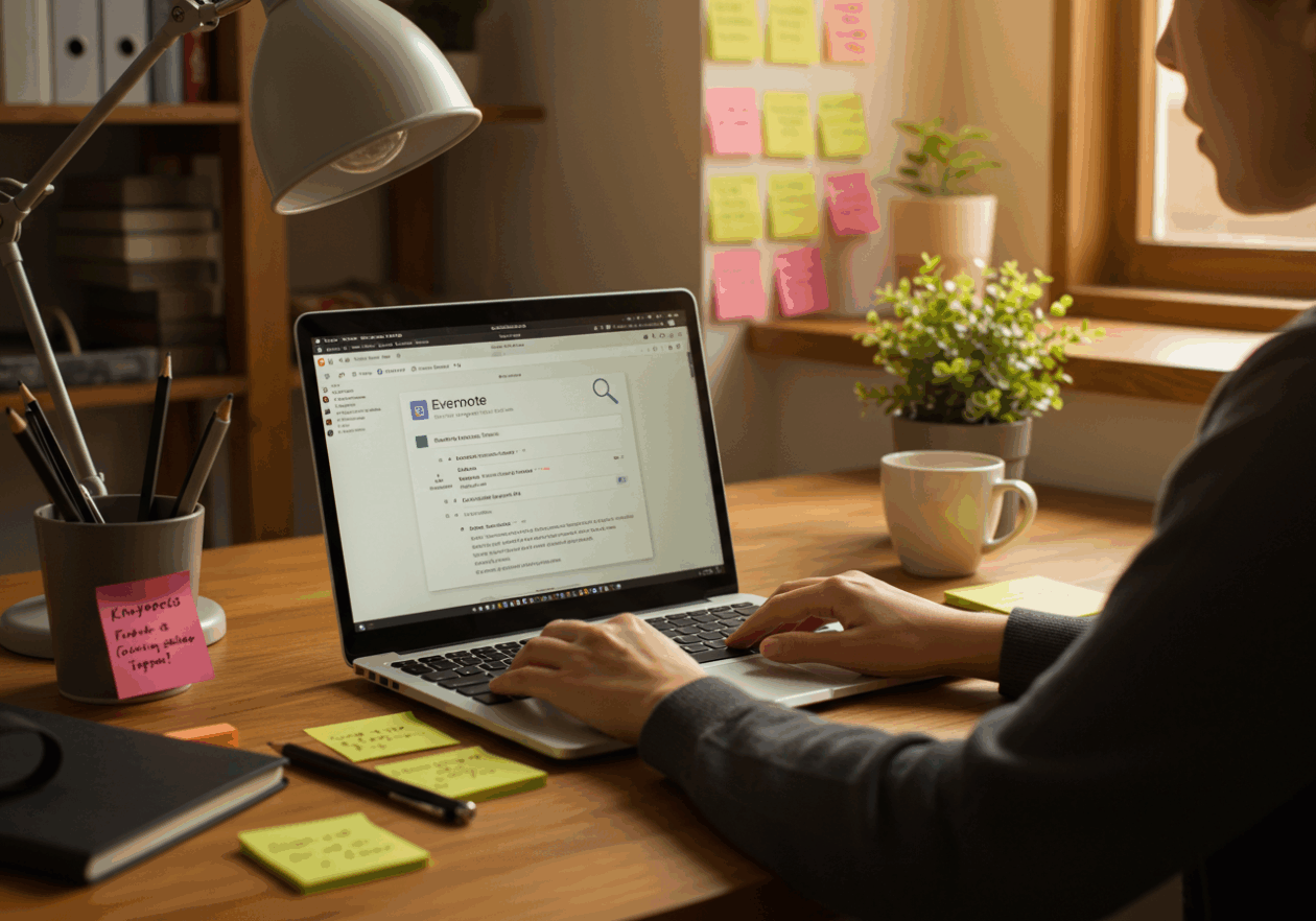 A person at a sleek desk searching for notes in the Evernote application on a laptop, with the search bar highlighted and various search operators visible on the screen. The office has a warm ambiance with plants and sticky notes with keywords scattered on the desk.