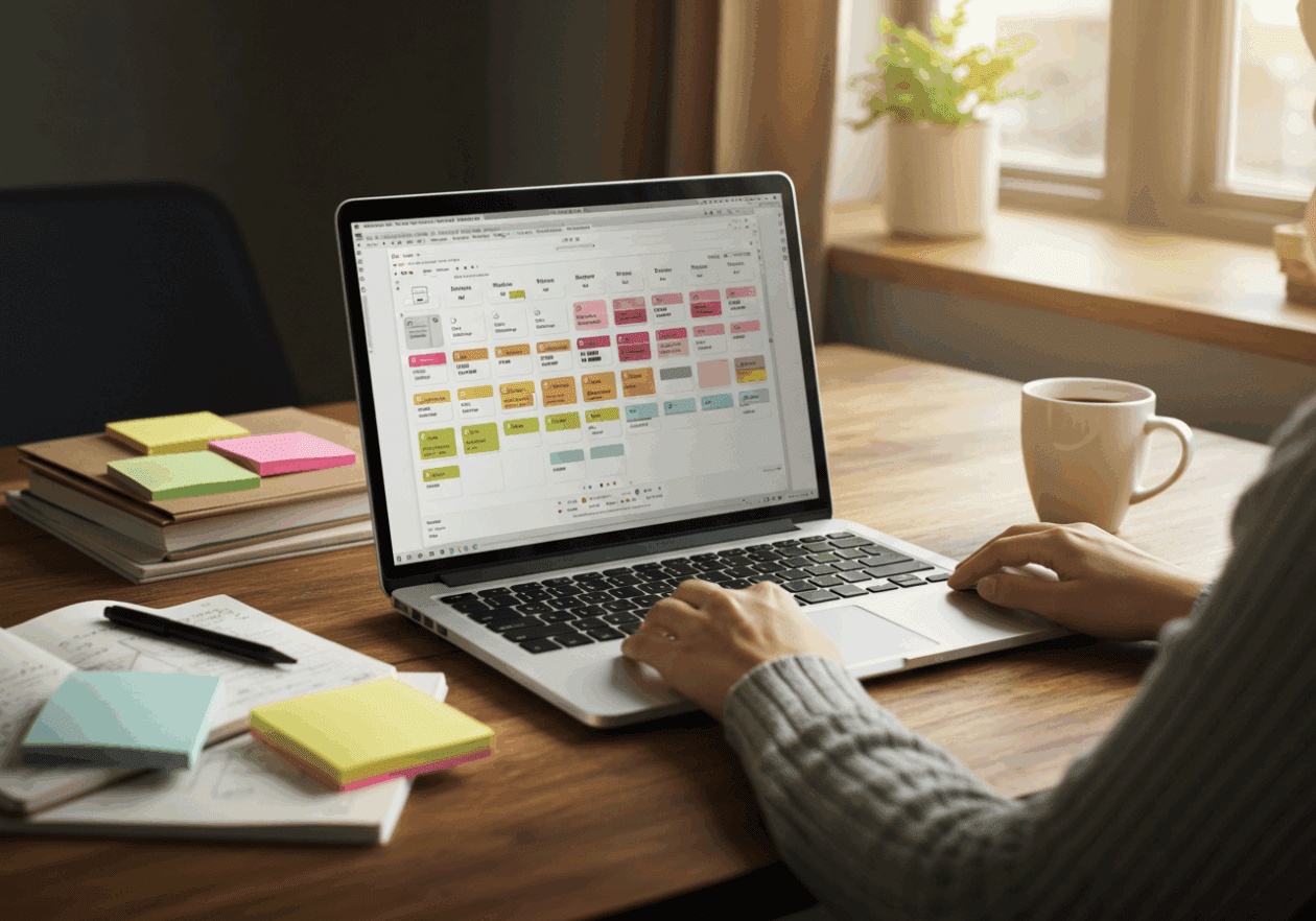 A focused individual at a wooden desk, using a laptop with the Evernote application open, showcasing a clear view of color-coded tags. The workspace includes notebooks, sticky notes, and a coffee cup, highlighting a productive environment for optimizing tagging systems in Evernote.