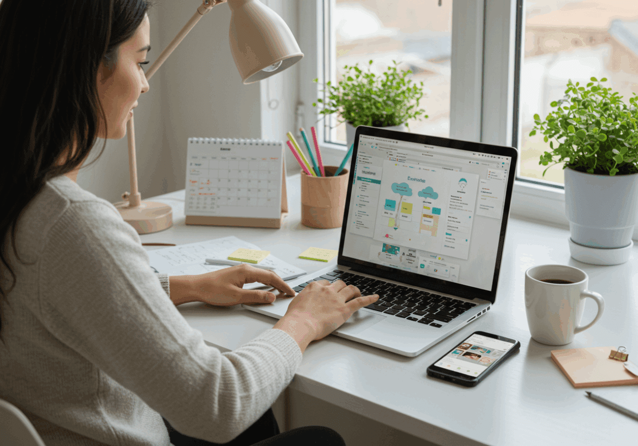 A woman sitting at a desk in a well-lit home office, using the Evernote app on her laptop to manage her daily tasks, surrounded by organizational tools like a calendar and stationery.