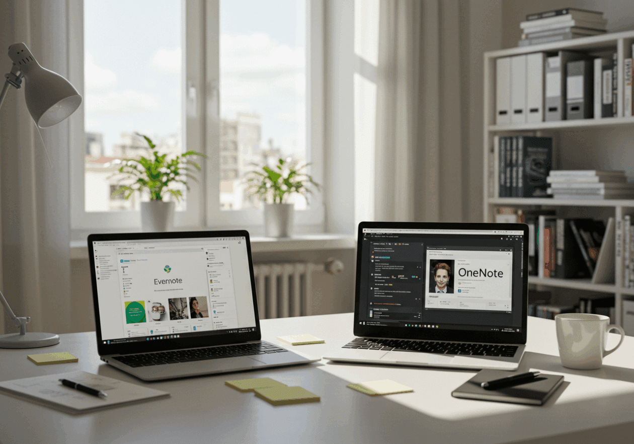 A modern office workspace featuring two laptops on a desk; one shows the Evernote interface and the other the OneNote interface, surrounded by a notepad and a cup of coffee, illustrating a comparison of personal knowledge management tools.
