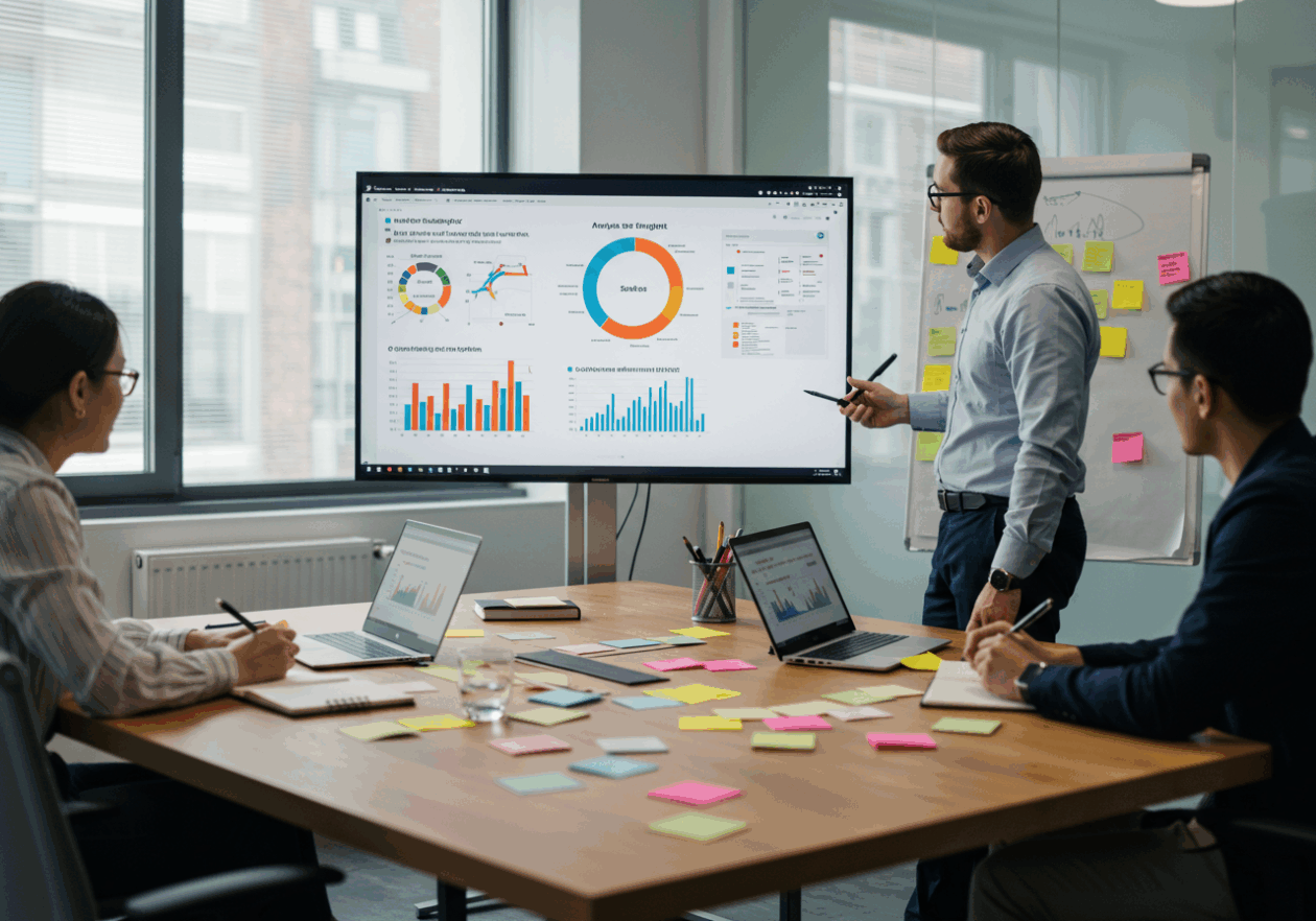 A group of professionals in a bright office conference room, discussing customer feedback insights with visual data displayed on a large screen. One person is typing notes on a laptop, while another presents trends from survey results, surrounded by sticky notes and markers, capturing a collaborative brainstorming session.