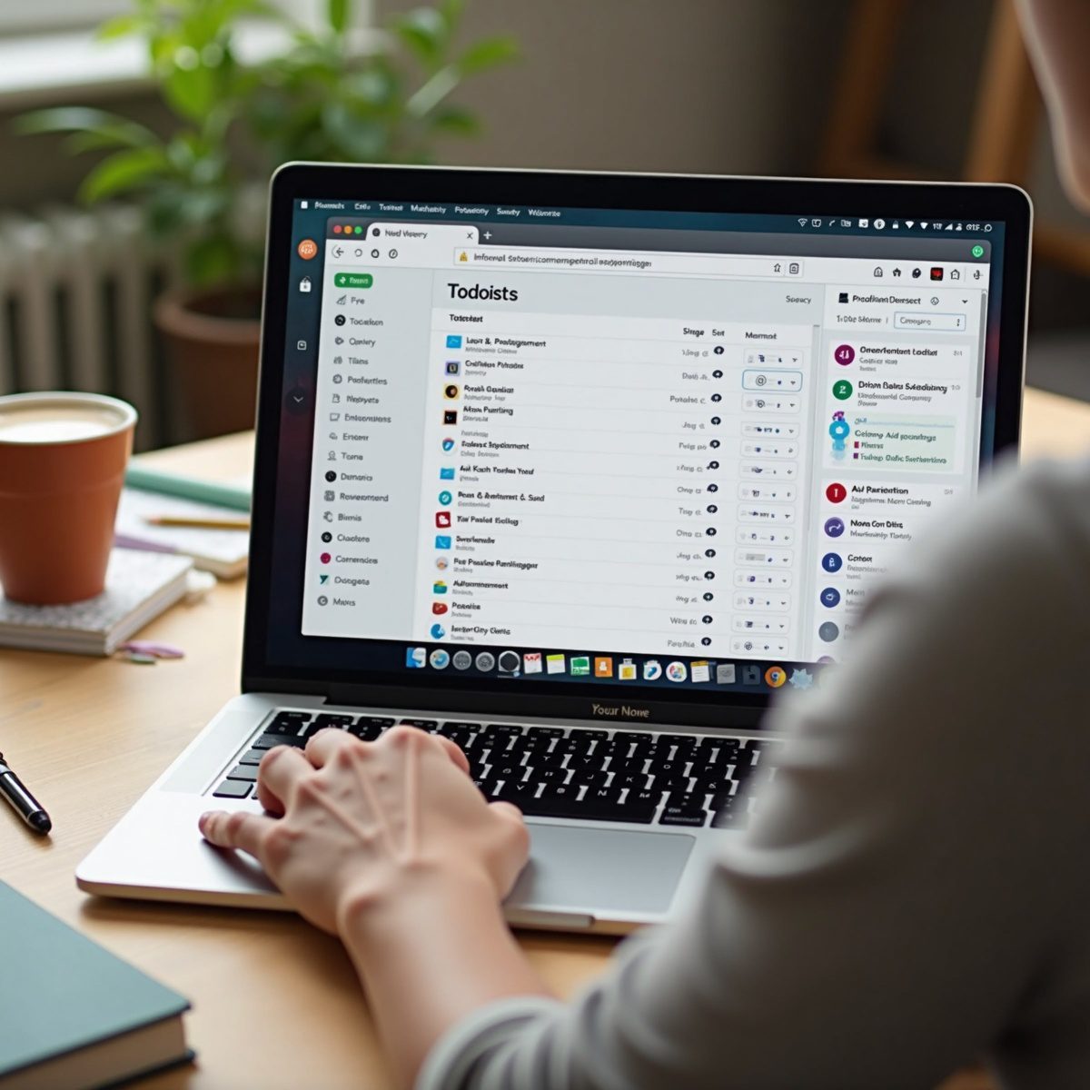 A person using a laptop in a home office, interacting with the Todoist application that displays a task list with color-coded labels to emphasize organization and focus on productivity.