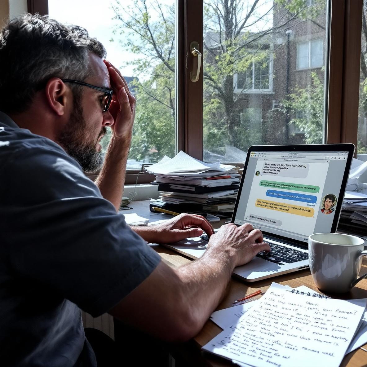 An individual at a desk looking frustrated while observing incorrect responses from an AI chat interface on their laptop. The person is surrounded by notes and a coffee cup, depicting their effort to resolve the AI's errors against a backdrop of a bright, sunny day outside.