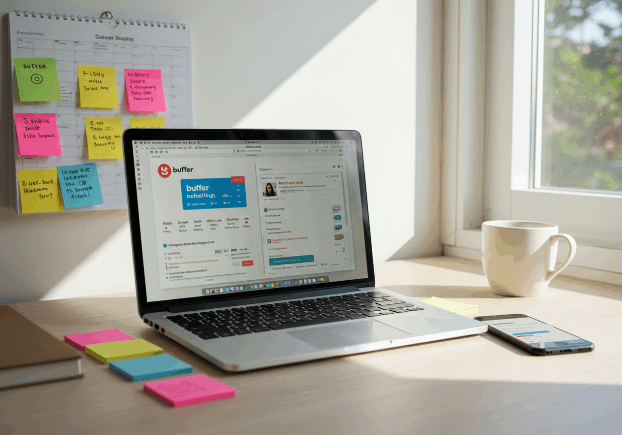 A modern workspace with a laptop showcasing the Buffer and Later social media scheduling tools. The desk has sticky notes, a coffee cup, and a smartphone with social media notifications. A calendar on the wall indicates scheduled posts, emphasizing a productive environment.