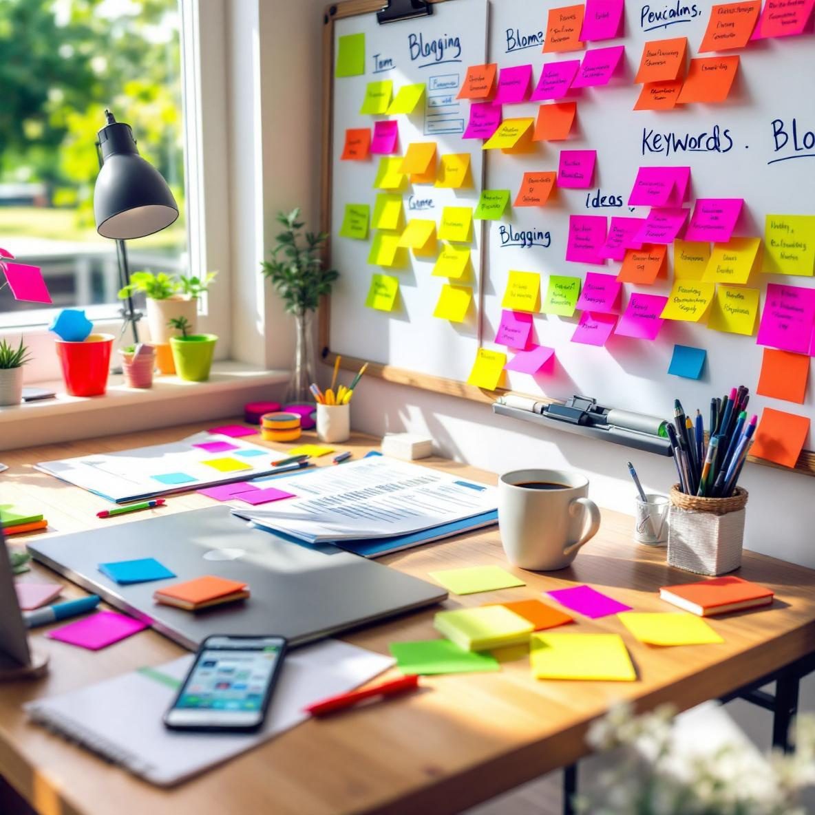 A well-organized home office workspace with a laptop open to a blogging platform, colorful sticky notes and notepads scattered on a modern wooden desk. A smartphone shows a productivity app interface, and a whiteboard on the wall is filled with mind maps and keywords for blog ideas. A cup of coffee is present, and natural light streams in from a nearby window.