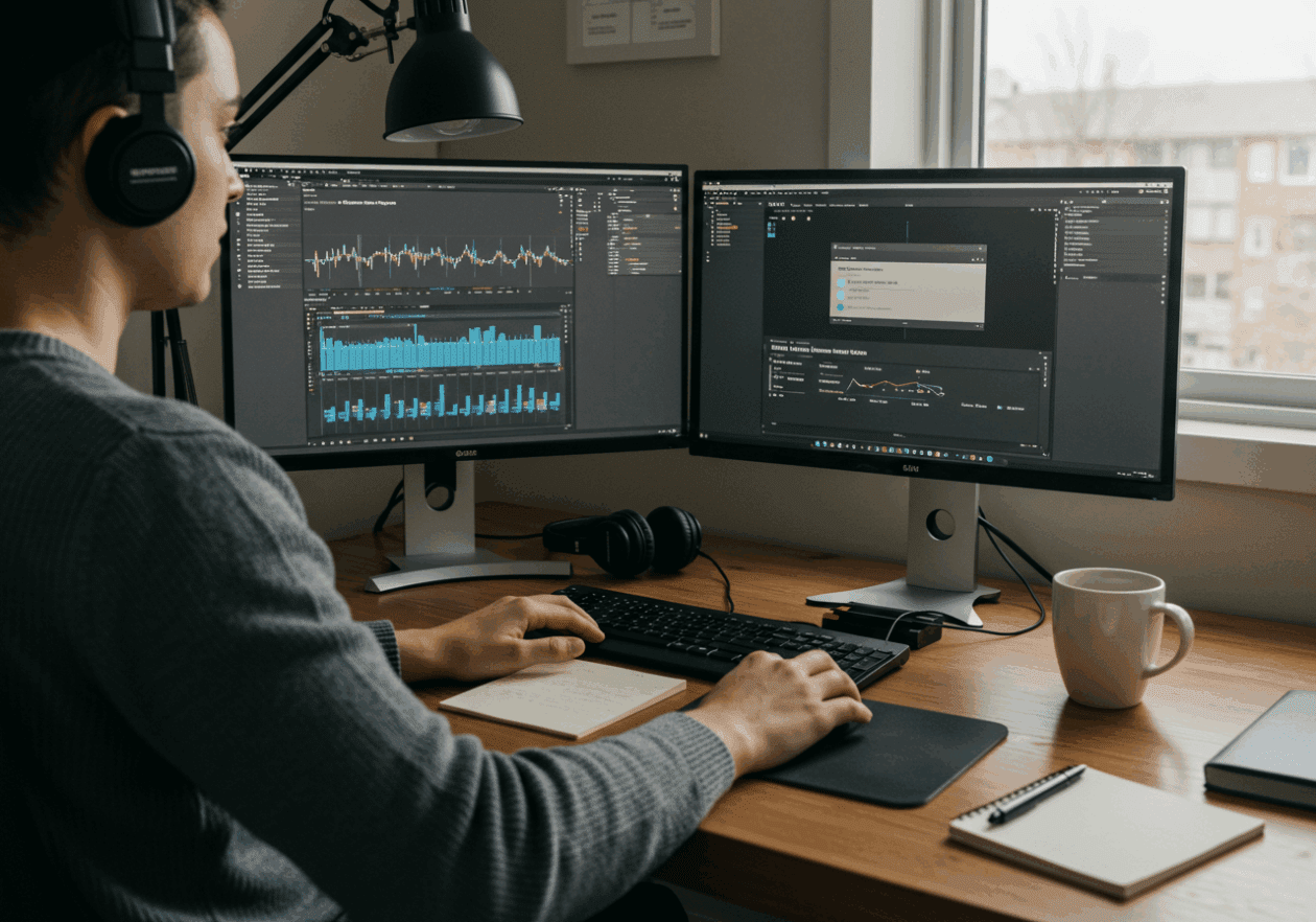 A person at a desk with dual monitors, actively working on podcast episode summaries. One screen shows podcast editing software while the other displays a summarization tool. The workspace includes headphones, a microphone, a notepad, and a cup of coffee, with natural light coming in from a window.
