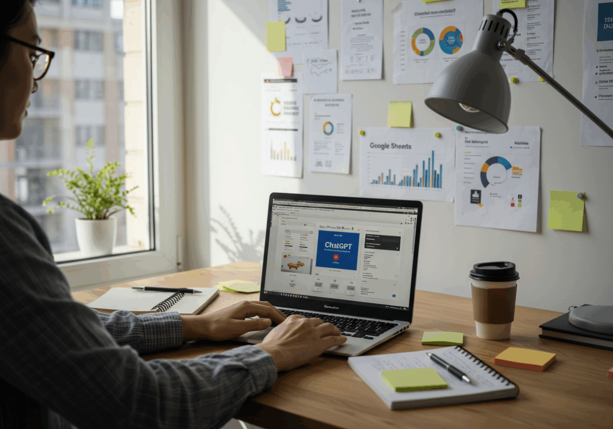 A focused individual working at a modern desk in a well-lit office, using a laptop showing the ChatGPT interface, with data analysis tools like Google Sheets and Notion visible on the screen. The scene includes organized notebooks, sticky notes, and a coffee cup, creating an atmosphere of productivity and brainstorming, enhanced by natural light streaming through large windows.