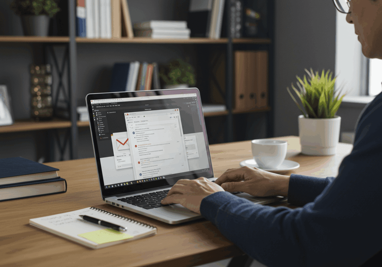 A professional in an office typing a structured email on their laptop, with a notepad and pen on the desk, and bookshelves in the background.