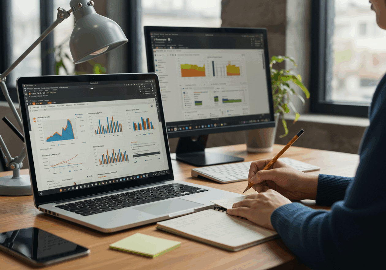 A modern office workspace where a person analyzes competitor websites on a laptop. They are taking notes in a notepad while a second screen shows Google Drive and Slack for collaboration. The room is filled with natural light, creating a productive atmosphere with green plants and sleek furniture.