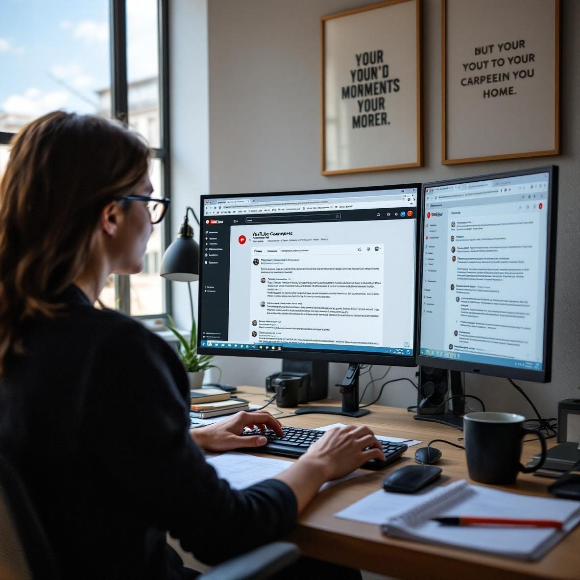 A person with brown hair and glasses working in a contemporary office, extracting questions from YouTube comments on a computer. The scene captures a large screen showing the YouTube interface, along with a tidy desk setup featuring a laptop and coffee mug, illuminated by natural light from a nearby window.
