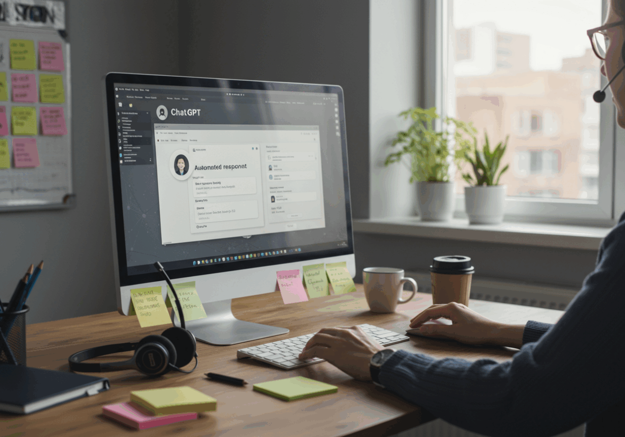 A customer support representative in a bright office setting, engaged with a computer showing a ChatGPT interface. The desk holds a headset and sticky notes, and a plant is visible on the windowsill. The scene illustrates the use of AI to automate customer replies.