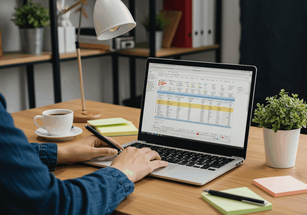 A modern workspace with a person cleaning and structuring CSV data on a laptop screen, showcasing organized data in a spreadsheet, with a notepad, pen, and coffee cup visible.