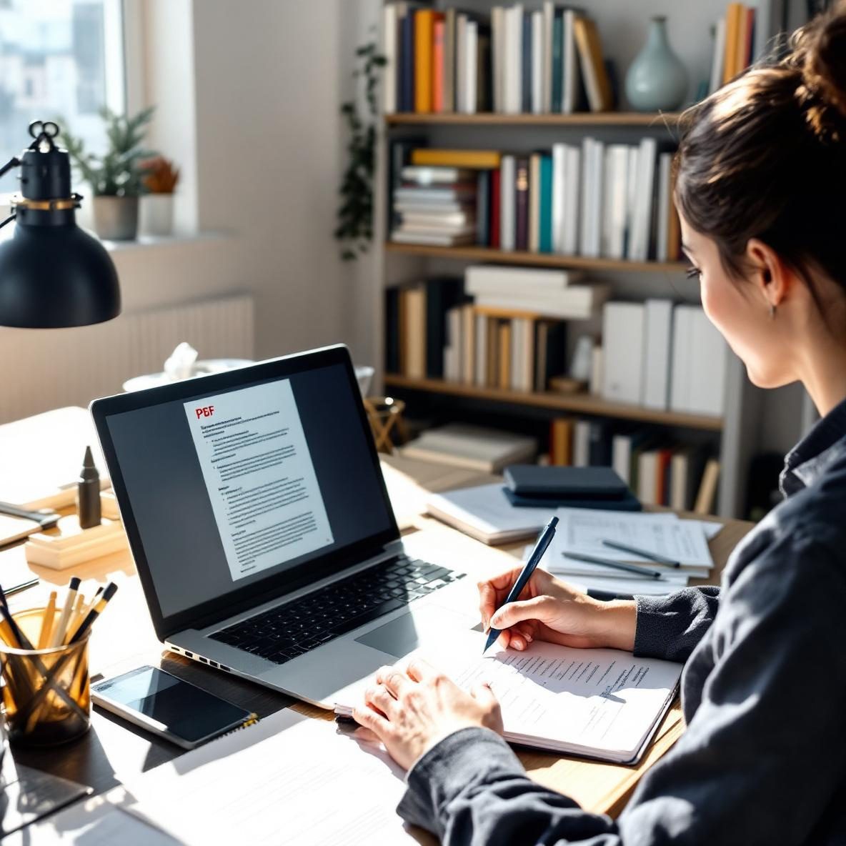 A person focused on summarizing a PDF document on their laptop at a bright desk filled with research papers, bookshelves in the background, and notes scattered around.