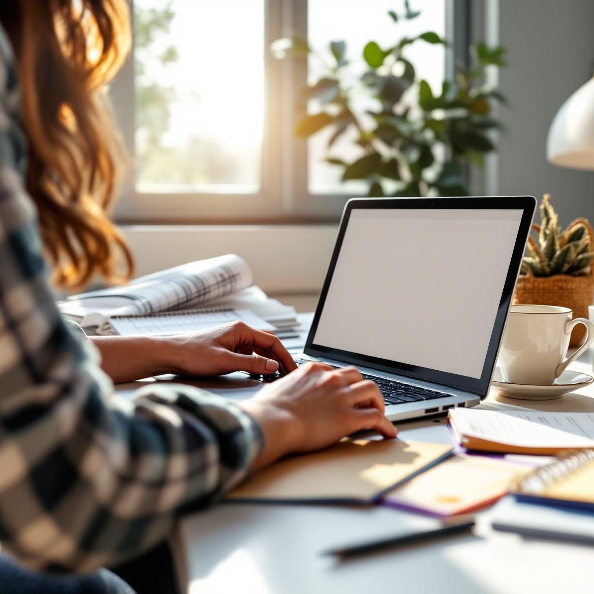A young professional working at a modern office desk with a laptop displaying a social media management tool. The workspace is organized with notes and a planner, conveying a lively and creative atmosphere for generating social media copy.