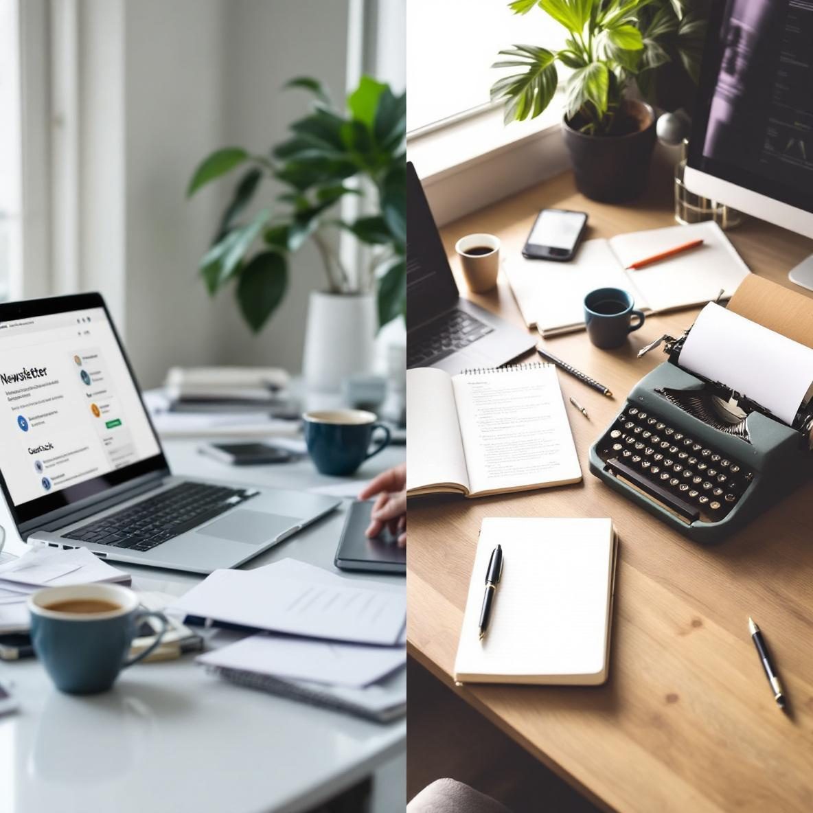 A split-screen view of two different workspace setups dedicated to newsletter writing. The left side features a modern desk with the Ghost platform displayed on a laptop, while the right side presents a traditional setup with the Substack interface on a notebook and a typewriter, showcasing the diversity of publishing tools.