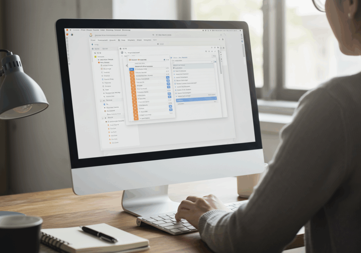 A computer screen shows the Gmail interface with filtered emails categorized by labels like 'Work', 'Personal', and 'Promotions', while a person organizes their inbox at a tidy desk illuminated by natural light.