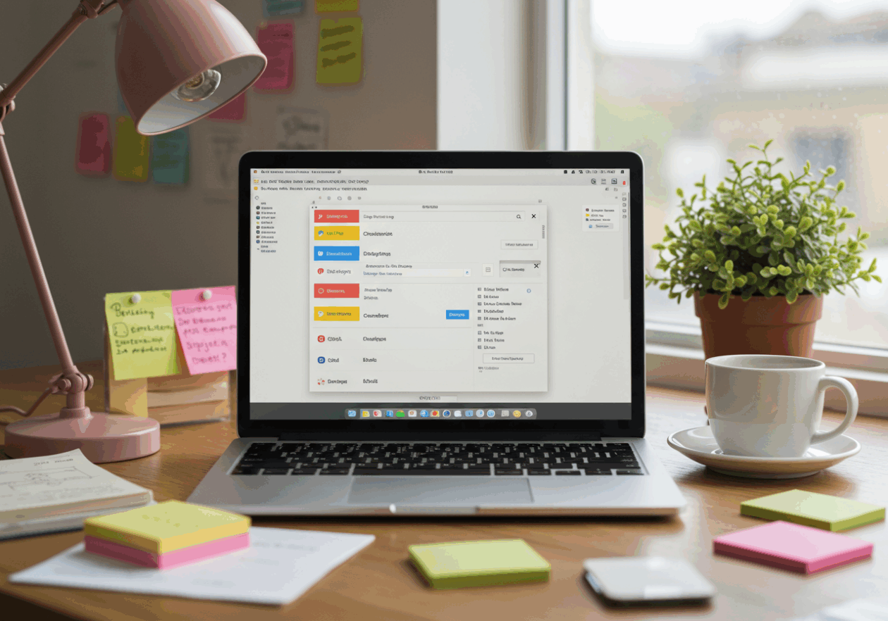 A clutter-free office desk with a laptop showing the Gmail interface. The screen highlights email labels in different colors for project organization, complemented by sticky notes and a notepad. A cup of coffee and a potted plant enhance the inviting atmosphere of the workspace.