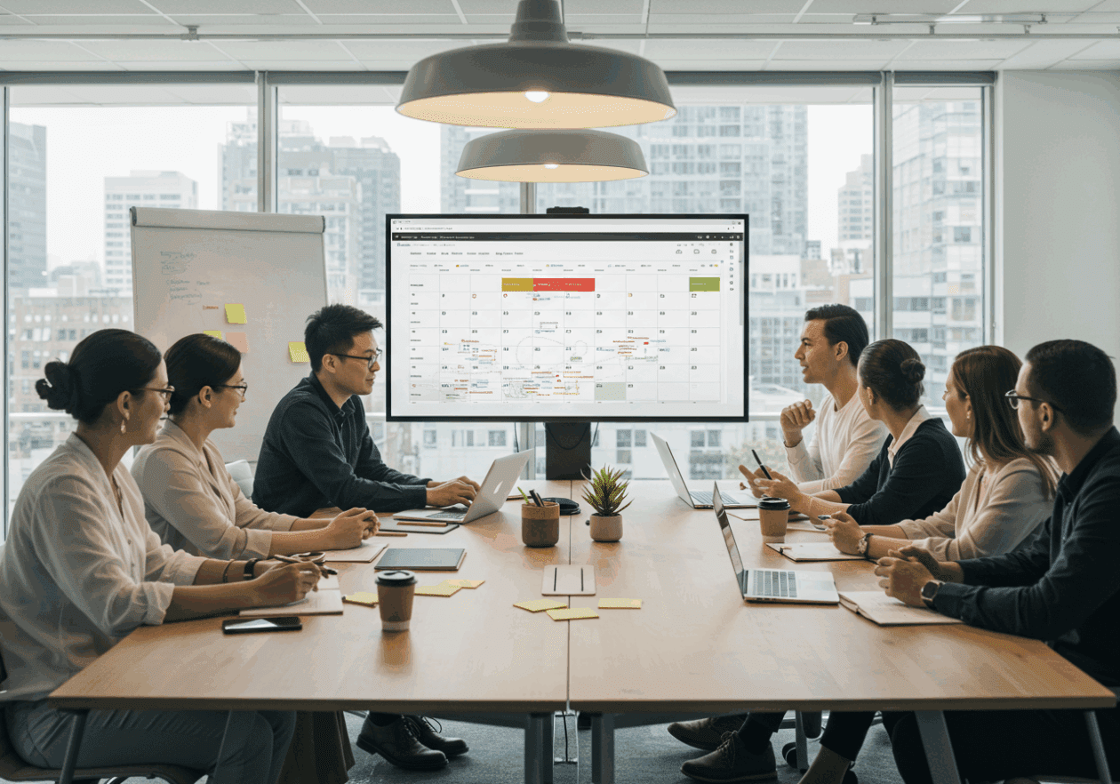 A team of diverse professionals collaborates in a bright office, discussing a shared Google Calendar displayed on a large screen. Laptops and coffee cups are scattered on the table, highlighting a productive scheduling meeting.