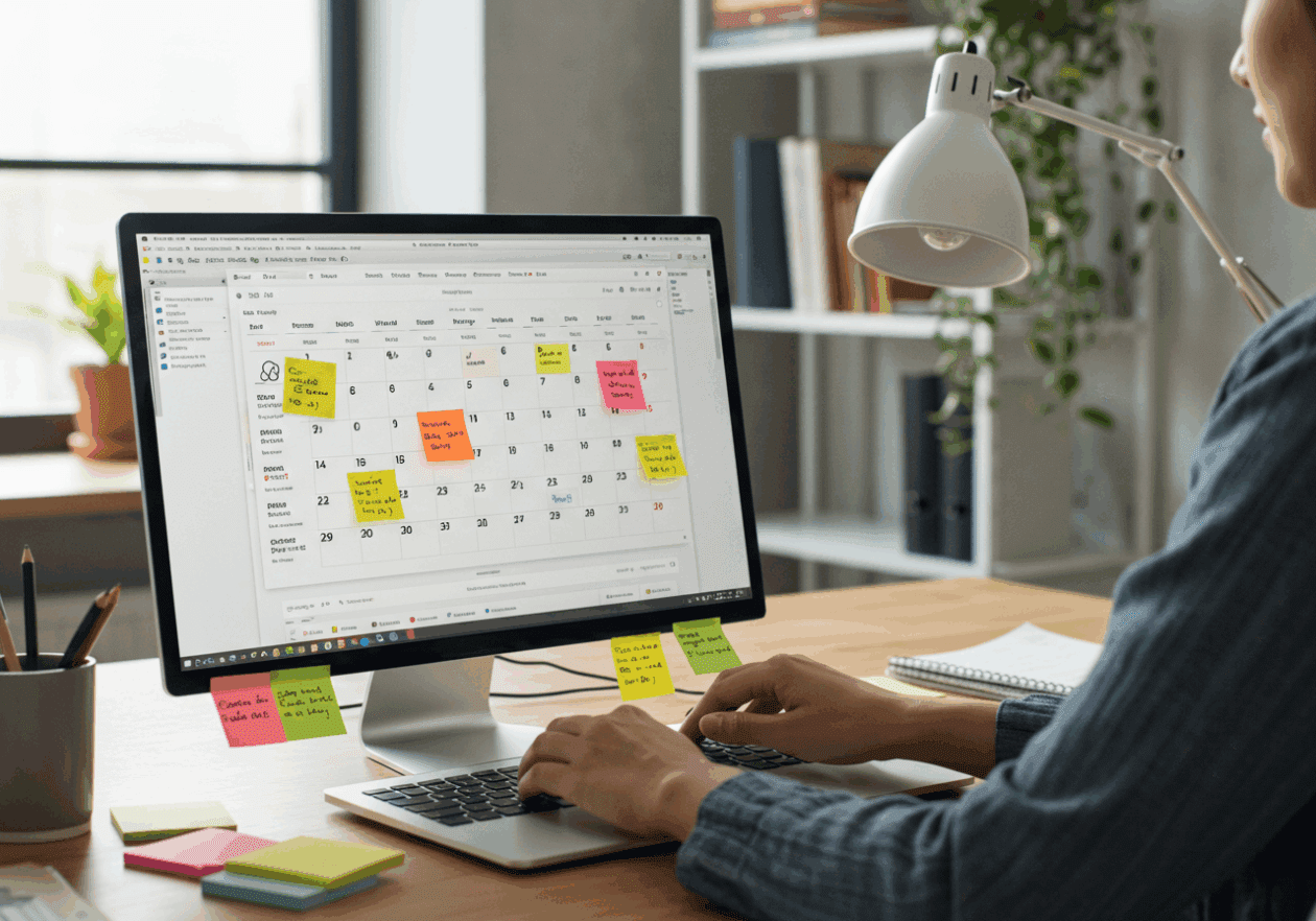 A person at a modern desk using a laptop that displays Google Calendar with colorful tags for event organization. There are sticky notes and a notepad on the desk, and the office is bright with plants and bookshelves in the background, illustrating an organized workspace.