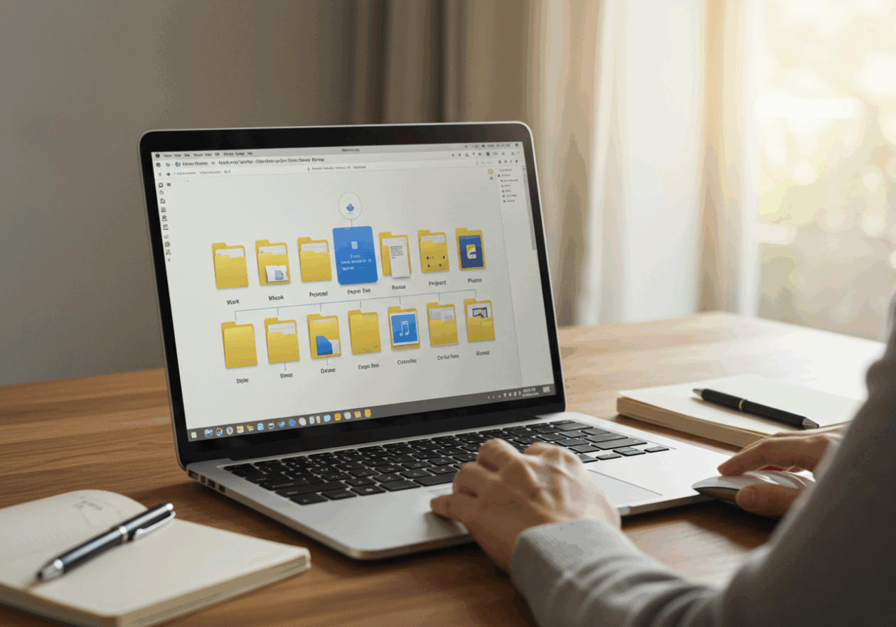 A laptop displaying a neatly organized Google Drive folder structure with categories for easy file navigation. A person is interacting with the laptop, while a notebook and pen are positioned nearby on a desk, all under natural light from a window.