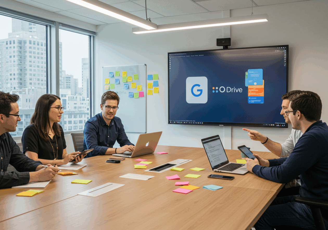 A diverse group of professionals gathered around a conference table in a bright, modern office, actively collaborating on projects using laptops and digital devices. A screen in the background shows the Google Drive logo, symbolizing real-time file collaboration. Sticky notes and various gadgets lay on the table, highlighting an interactive teamwork environment against a cityscape view.