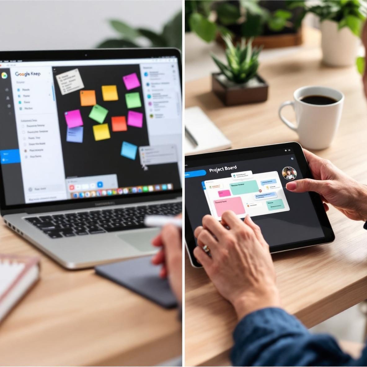 A split-screen workspace showing a laptop with Google Keep on the left and a tablet with Notion on the right. A person is using a stylus on the tablet while reviewing notes, with a coffee cup and notepad nearby in a bright, organized room.