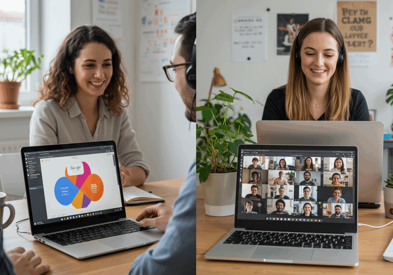 A side-by-side comparison of two virtual team meetings: one using Google Meet with participants smiling on a laptop screen, and the other using Zoom with a grid of team members, both in a modern home office setting.