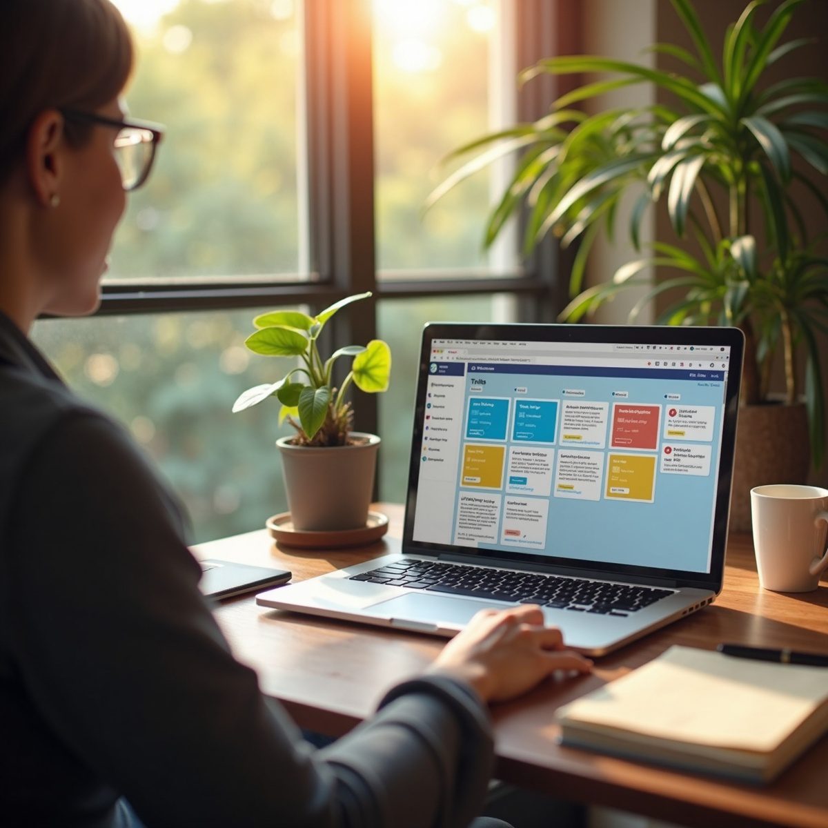 A person working in an office with a laptop displaying a Trello swimlane board. The scene shows a neatly organized workspace with a notepad, coffee cup, and plants, emphasizing the focus on limiting context switching through task management.