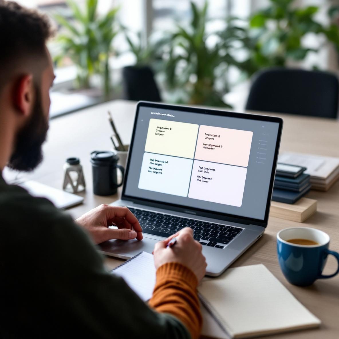 A focused individual at a modern desk using Notion on their laptop to prioritize projects with the Eisenhower Matrix, surrounded by office supplies and a serene workspace.