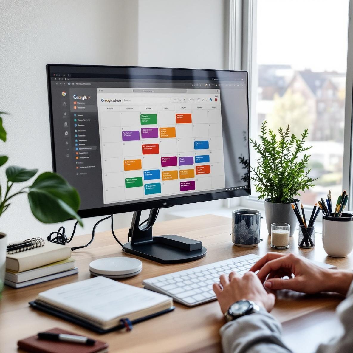 A person in a well-lit home office, using a computer to organize their week on Google Calendar. The screen shows colorful time blocks representing scheduled tasks. The office is tidy, with a planner and coffee mug on the desk, emphasizing an efficient workspace.