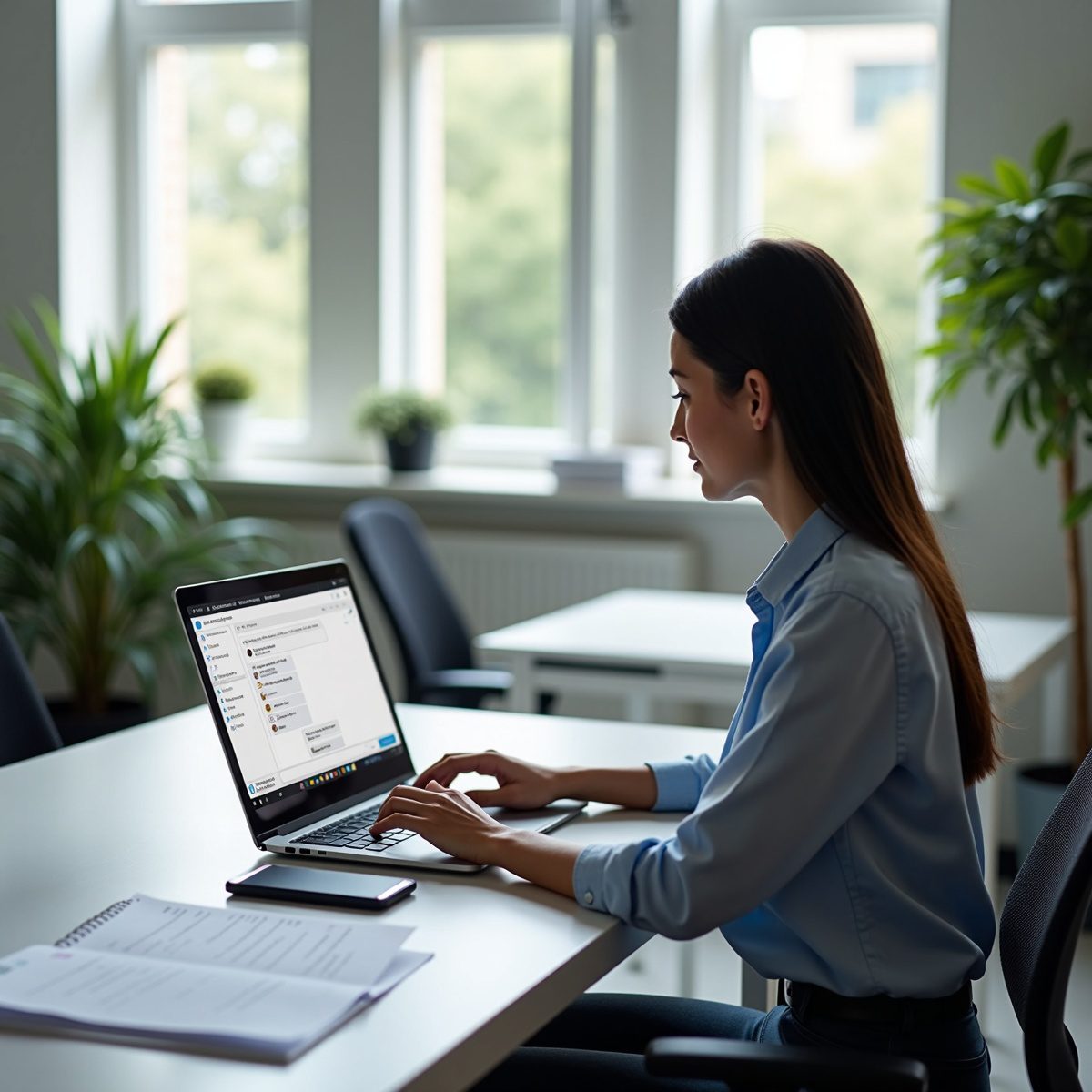 A focused individual in a contemporary office setting, using a laptop with ChatGPT open on the screen. They have printed examples and feedback notes laid out beside them, indicating a process of improving prompt accuracy. The workspace is well-lit and decorated with plants, enhancing a sense of professionalism and engagement.