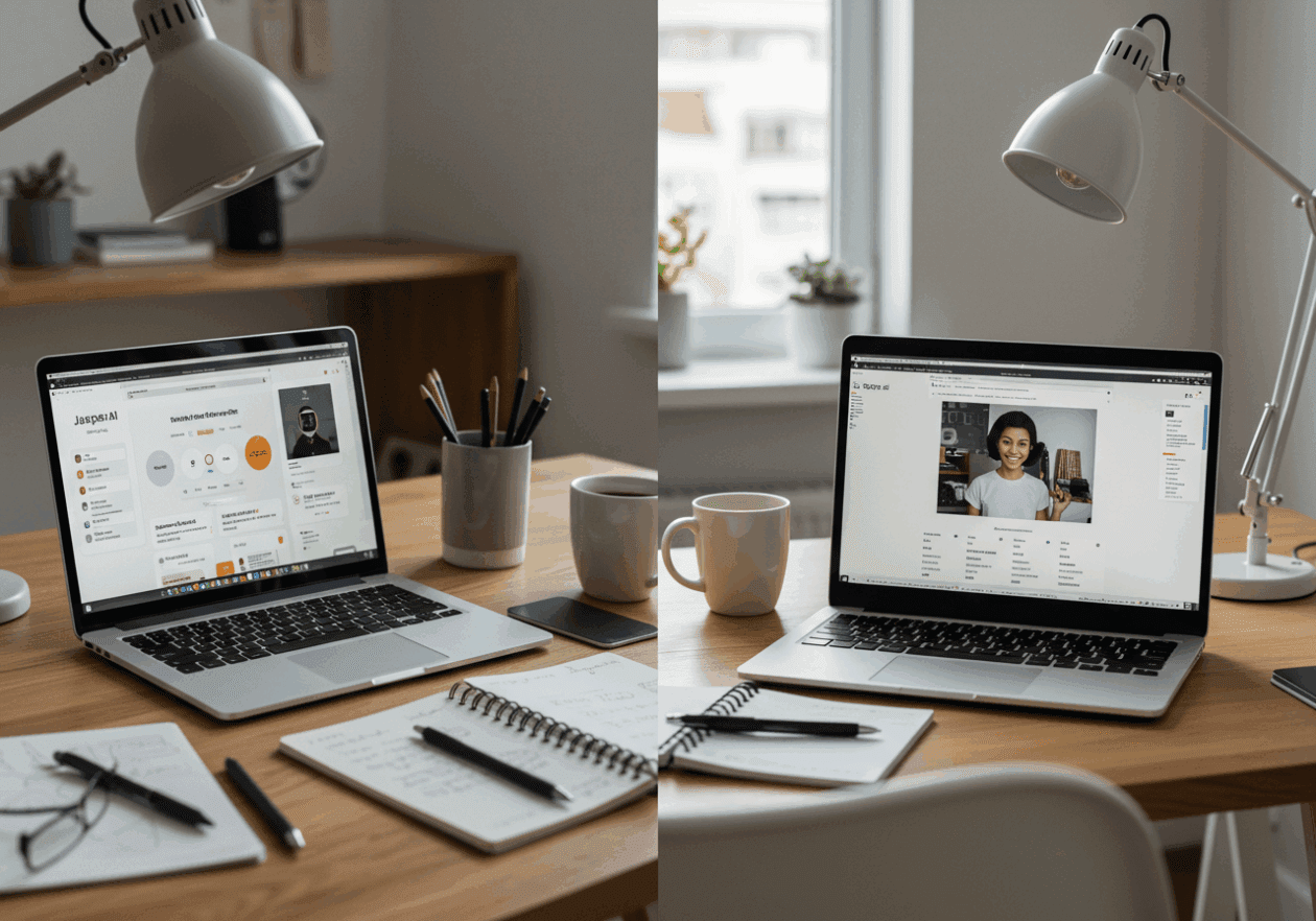 A comparison of two workspaces: on the left, a laptop displays the Jasper AI interface focused on creative writing, and on the right, another laptop showcases the Copy.ai interface with blog intro generation feature. Both desks are organized with notebooks, pens, and coffee cups, set in a well-lit environment.