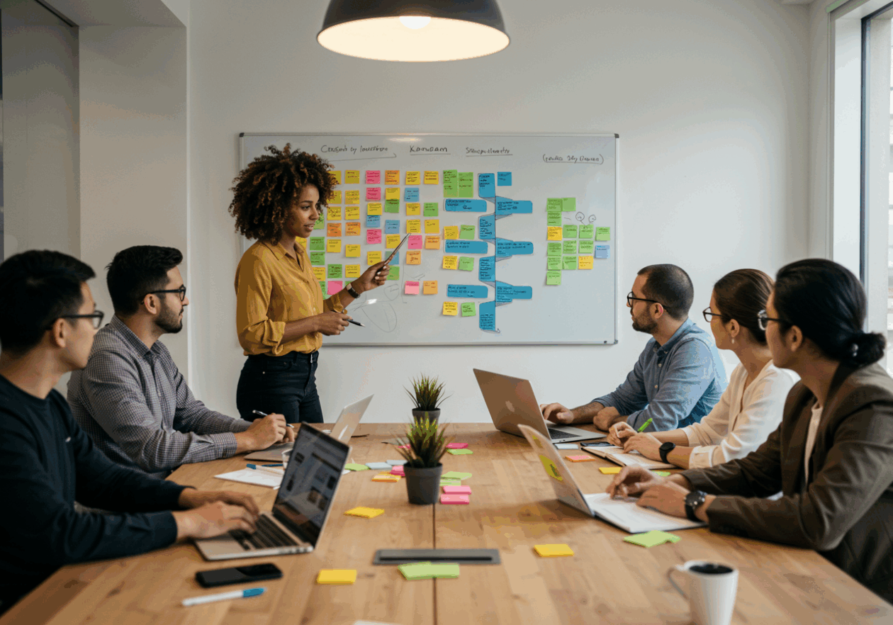 A group of diverse professionals working together around a conference table, discussing tasks displayed on a Kanban board covered with colorful sticky notes. One woman is standing and pointing at the board, while others participate with laptops and notebooks, all in a bright, modern workspace.