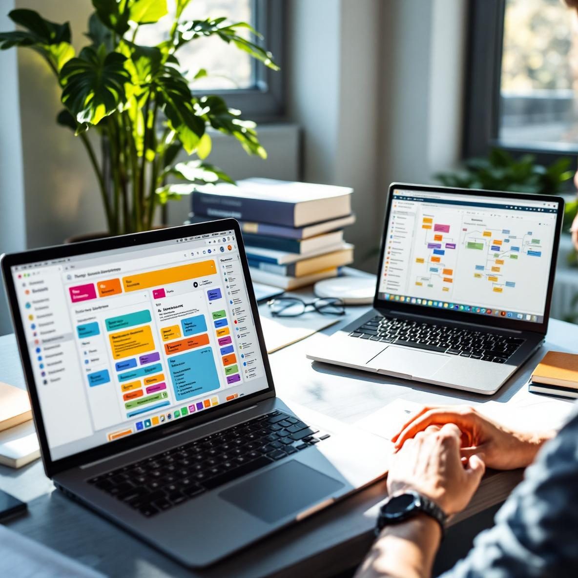 A modern office scene with a person working at a desk, using two laptops; one displaying Notion's project management interface and the other showing Logseq's knowledge mapping. The workspace is bright and organized, filled with notes and books, emphasizing a productive knowledge management setup.