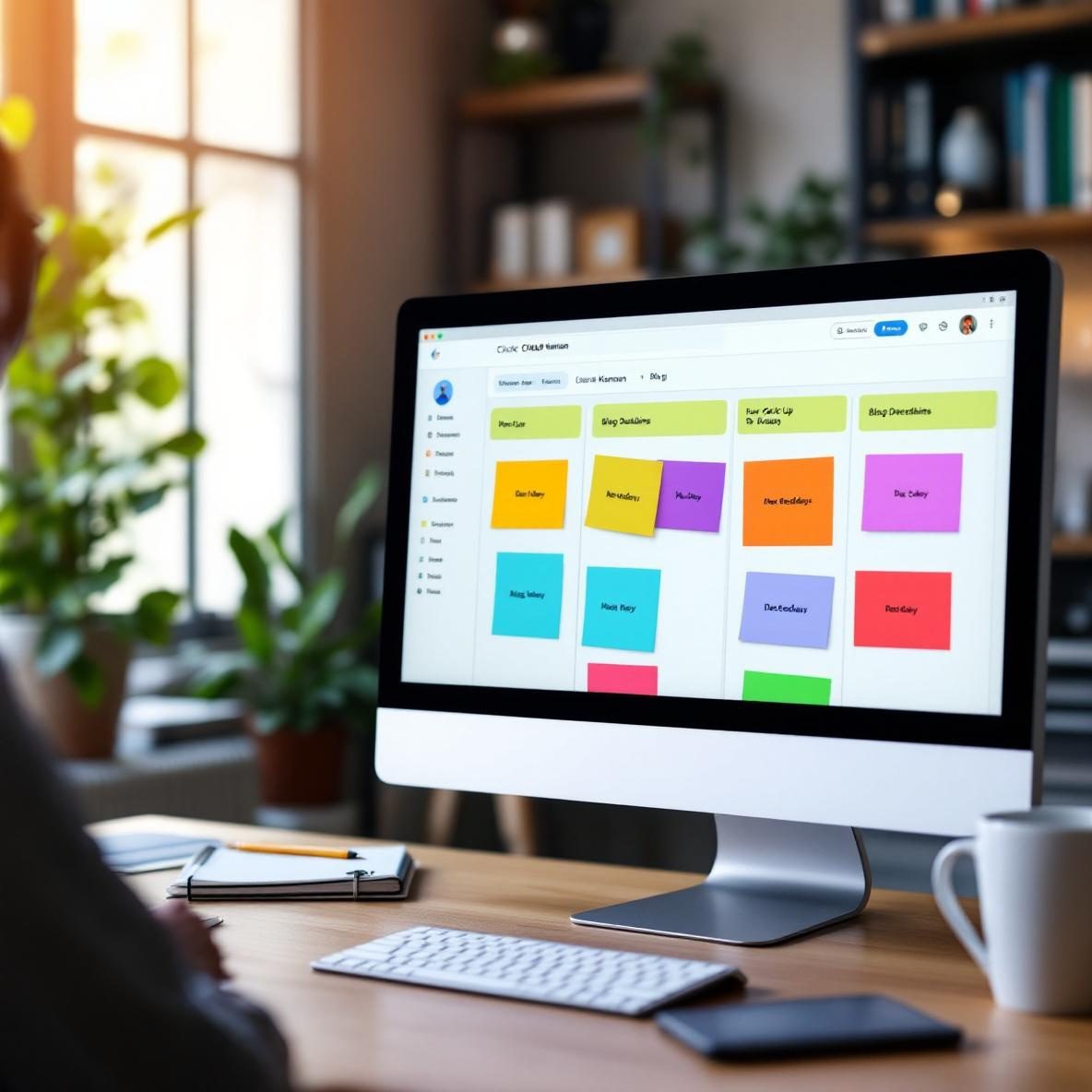 A computer screen showcasing a ClickUp Kanban board with various colorful cards representing blog deadlines in a bright, organized office space. A notebook and coffee cup sit on the desk, with shelves of books and greenery in the background, illustrating a productive work environment.